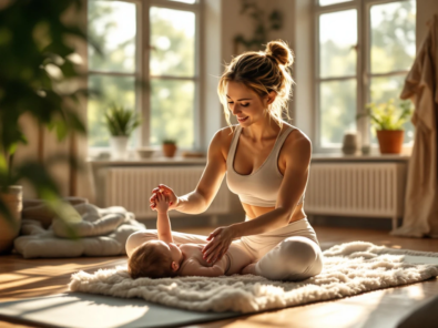 Äiti ja vauva rauhallisessa joogatunnissa Helsingissä, luonnonvalossa, skandinaavinen minimalismi. Heijastaa hyvinvointia ja yhteyttä.